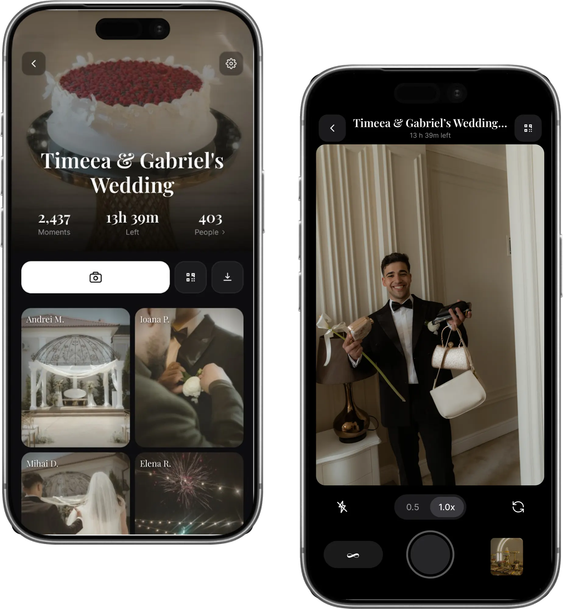 Memoir app showing a shared wedding album and the in-app camera